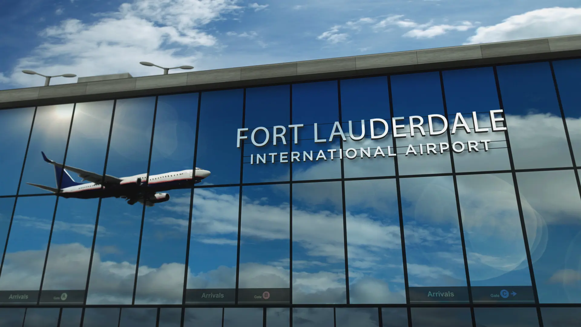 Aircraft landing at Fort Lauderdale, Florida, USA 3D rendering illustration. Arrival in the city with the glass airport terminal and reflection of jet plane. Travel, business, tourism and transport.